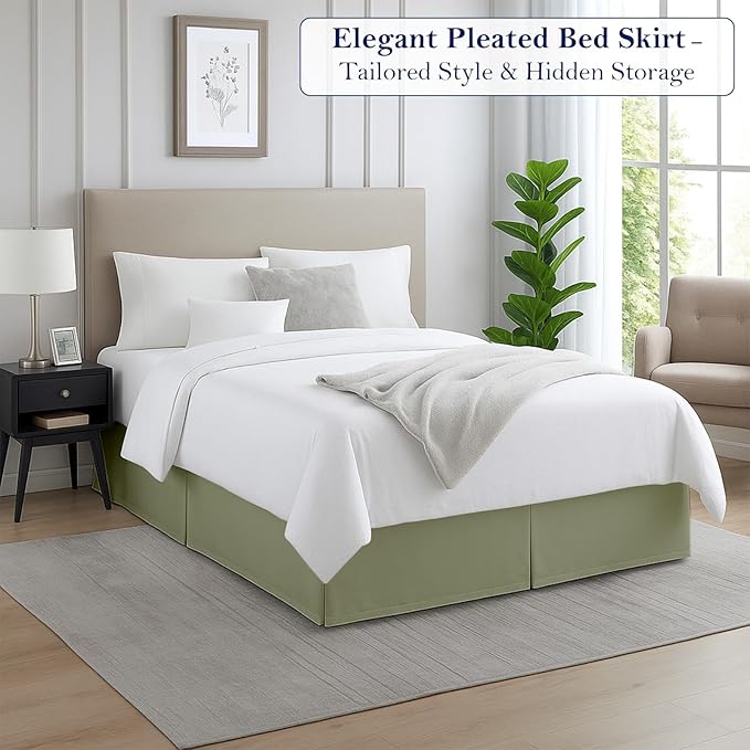 Queen Bed Skirt, Luxury 14 Inch Drop Sage Pleated Bed Skirt, Double Brushed Microfiber, Box Pleat Design, Wrinkle & Fade Resistant, Easy Fit Tailored Bedskirt for Queen Size Beds