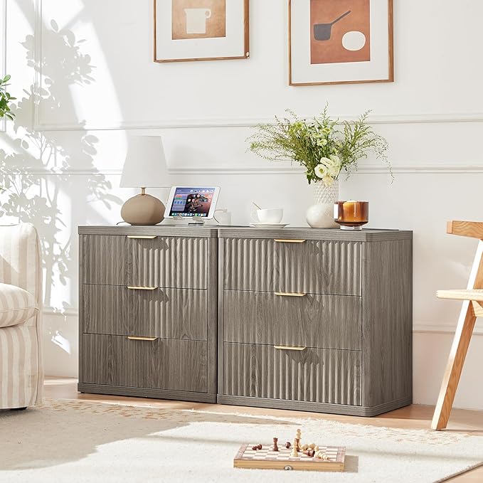 LEYAOYAO 48" Wide Fluted Dresser and 3 Drawers 23" Nightstand Set of 2, Wooden Dresser & Night Stand with Charging Station, 3 Piece Bedroom Furniture Set, Wood Chest of Drawer for Living Room,Grey