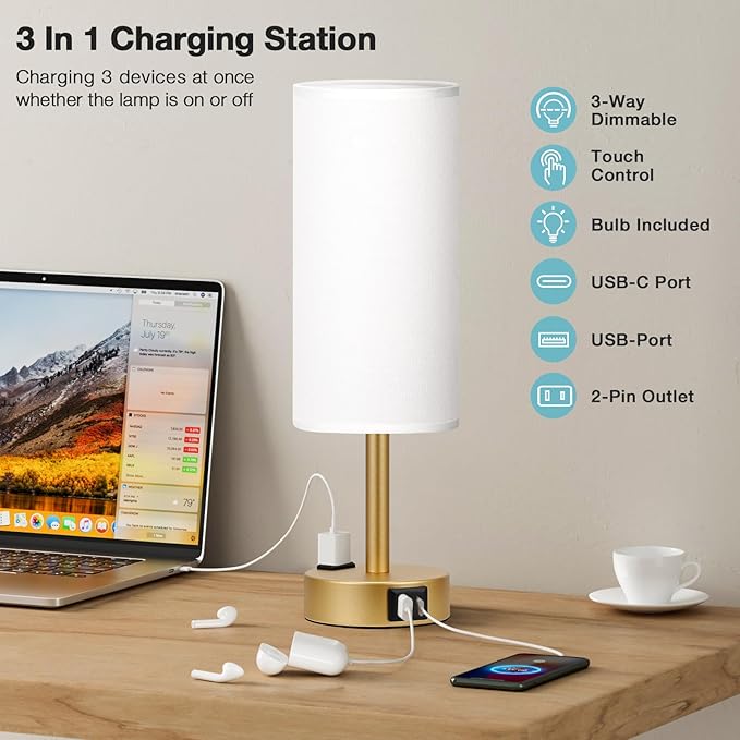 Fenmzee Gold Touch Lamp for Bedroom- 3 Way Dimmable Bedside Lamp USB C A Charging Ports and AC Outlet, Small Table Lamp White Linen Lampshade for Gift, LED Bulb Included