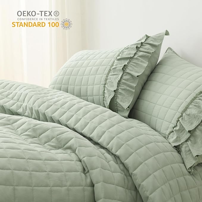 HORIMOTE HOME Asakusa Green Ruffled Quilt Set King Size, Geometric Square Stitched Pattern, Pre-Washed Farmhouse Shabby Chic Microfiber Lightweight Bedding Set Bedspread Coverlet for All Season