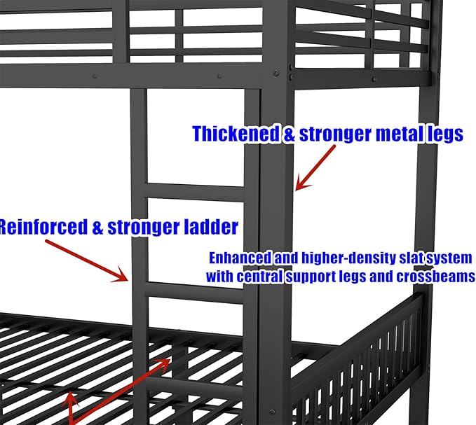 Higher Quality & Stronger Heavy Duty Metal Bunk Bed Frame Queen Over Queen Size for Adults Teens, Thickened More Stable Steel Bunkbed (Queen Over Queen-B)