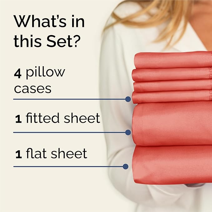 King 6 Piece Sheet Set - Cooling, Comfy & Breathable - Hotel Luxury Bedding, Includes Fitted Sheet for Women, Men, Kids and Teens - 1 Flat, 1 Fitted Sheet, 4 Pillowcases with Deep Pockets - Coral