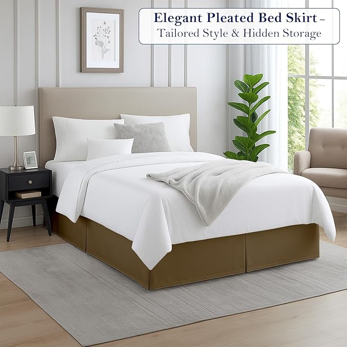 Queen Bed Skirt, Luxury 21 Inch Drop Taupe Pleated Bed Skirt, Double Brushed Microfiber, Box Pleat Design, Wrinkle & Fade Resistant, Easy Fit Tailored Bedskirt for Queen Size Beds