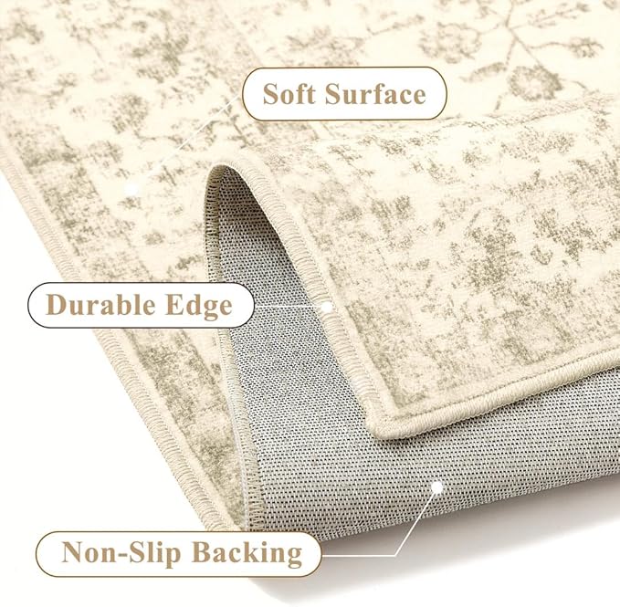 3x5 Brown Area Rug Non Slip Vintage Office Entryway Rug Distressed Machine Washable Kitchen Carpet Traditional Retro Floral Accent Throw Door Mat for Bedroom Bathroom Dining Living Room