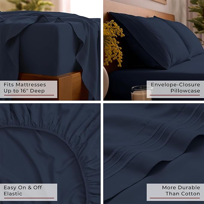 Mellanni Split King Sheet Set - 7-Piece Iconic Collection Bedding, (Including 4 Pillowcases), 16-Inch Deep Pocket, Easy Care, Extra Soft, Cooling Sheets, Brushed Microfiber - Navy Blue