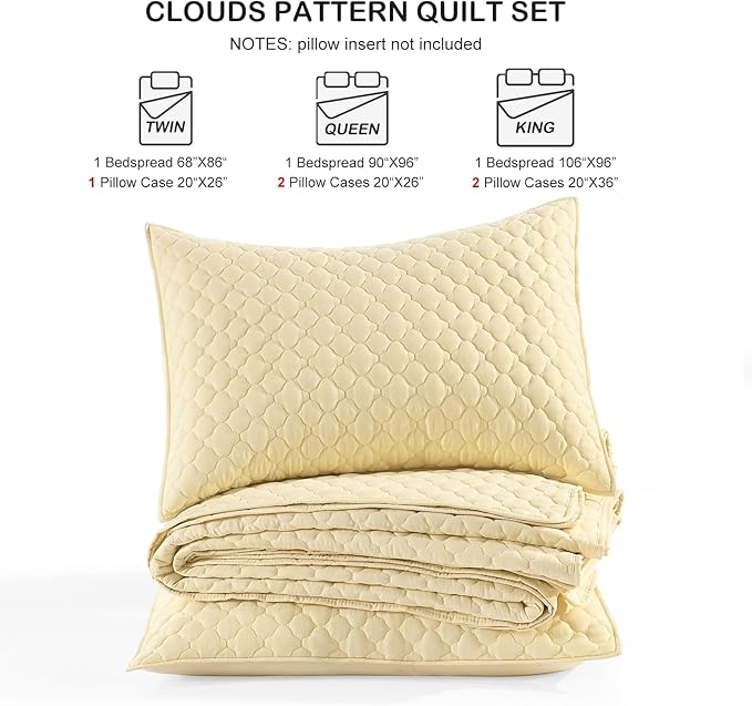 HORIMOTE HOME Quilt Queen Size Light Yellow, Lightweight Quilts for Summer Ultra-Soft Microfiber Modern Style Quilted Clouds Pattern Bedspread Quit Set 3 Pieces(1 Quilt and 2 Pillow Shams)