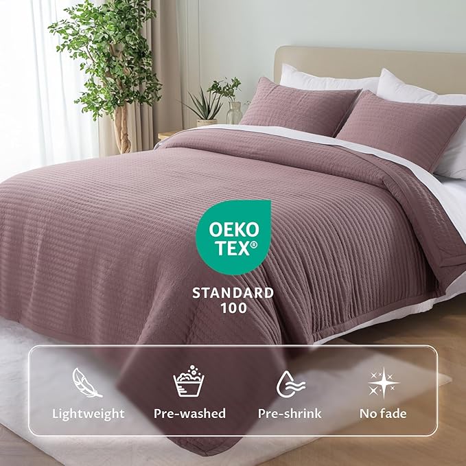 KASENTEX King Quilt Set 104"x90" – Soft Washed 3-Layer Lightweight Bedspread, Minimalist Nordic Design, All-Season Spring & Summer Quilt Set (1 Quilt + 2 Pillow Shams),Twilight Mauve Purple
