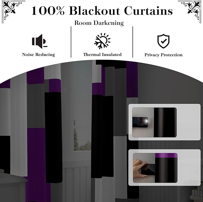 Purple 100% Blackout Curtains for Bedroom 63 inch Length 2 Panels Set Black Grey Modern Abstract Geometric Black Out Curtains Insulated Room Darkening Window Drapes for Living Room, 52Wx63L