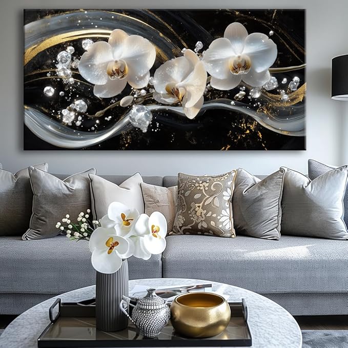 White Orchid Canvas Wall Art - Modern Floral Picture for Living Room, Bedroom Wall Decor, Framed Wall Art for Home Decoration, Elegant Flower Paintings Ready to Hang, Large Wall Art 50x100cm(20x40in)