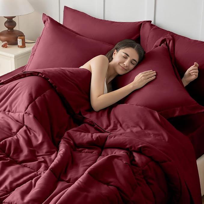 JOLLYVOGUE Queen Comforter Set, Ultra-Soft Bed in a Bag Queen Size 7 Pieces, Oeko-TEX Certified Bedding Set with Down Alternative Comforter, Sheets, Pillowcases & Shams, Burgundy