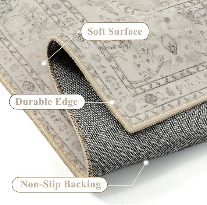 Beige 4x6 Area Rug Washable Vintage Carpet for Office Living Room Soft Retro Floral Low Pile Thin Indoor Rug Non Slip Central Medallion Floor Cover for Bedroom Kitchen Dining Room
