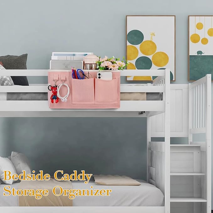 Ozzptuu Bedside Storage Caddy/Bedside Hanging Storage Bag for Headboards Bunk Beds Dorm Rooms Book Phone Magazine Holder (Light Pink)