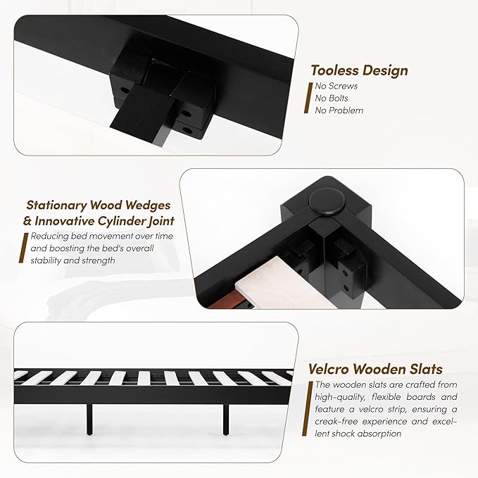 Bed Frame - Solid Wood Platform Bed - Japanese Joinery Bed Frame - Wood Slat Support - No Box Spring Needed - Easy Assembly - Minimalist & Modern Style (Midnight Charcoal, Queen)