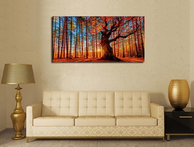 Yearainn Large Canvas Wall Art Forest Sunset Canvas Pictures Red Leaf Trees Landscape Contemporary Nature Picture for Living Room Bedroom Home Office Wall Decor Framed Ready to Hang 24" x 48"