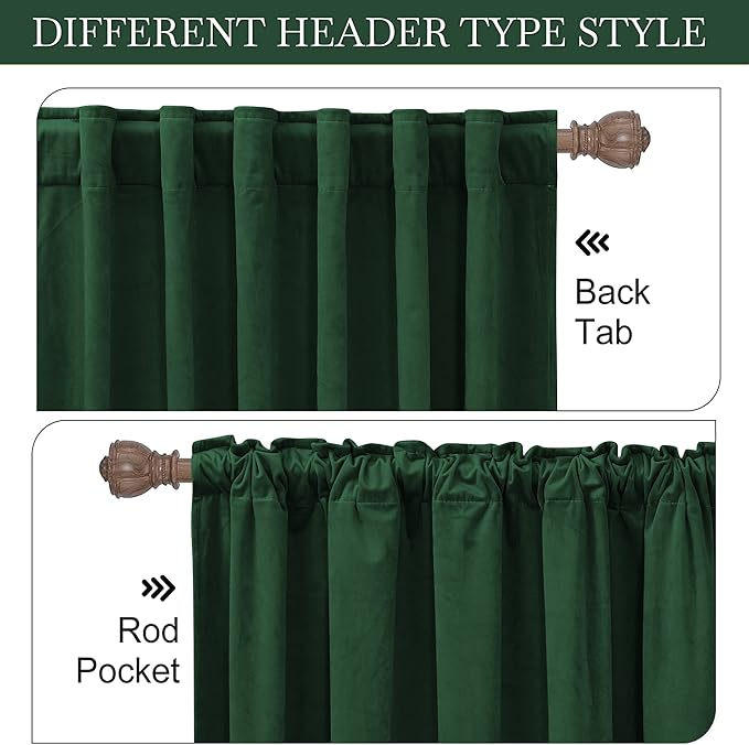 RYB HOME Hunter Green Velvet Curtains 72 inches Length - Blackout Thermal Insulated Drapes Window Treatment Luxury Solid Decor for Home Office Study Room, W52 x L72 inches, 2 Panels