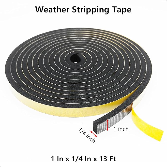 Weather Stripping Door Seal Strip, Strong Adhesive, Weatherproof, Reduce Noise, Gap Filler, Foam Insulation Tape for Doors and Windows, Black, 1 in x 1/4 in x 13 Ft