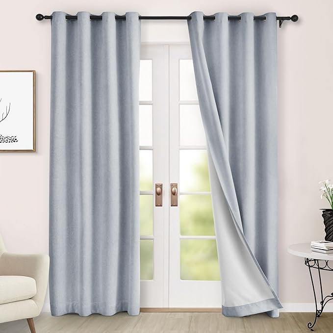 Macochico 100% Blackout Chenille Curtains 96 Inches Long for Hotel Nursery Noise Reducing Thermal Curtains for Bedroom Living Room Grommet Gray Blue Curtains with Tieback 52" Wx96 L Classic 1 Panel