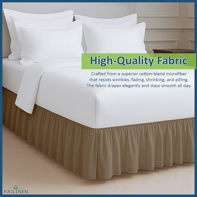 Rajlinen Ruffled Bed Skirt Queen, 14 Inch Drop Dust Ruffle with Split Corners, 100% Microfiber Bedskirt with Platform, Three-Sided Coverage Ruffled Gathering Design, Taupe