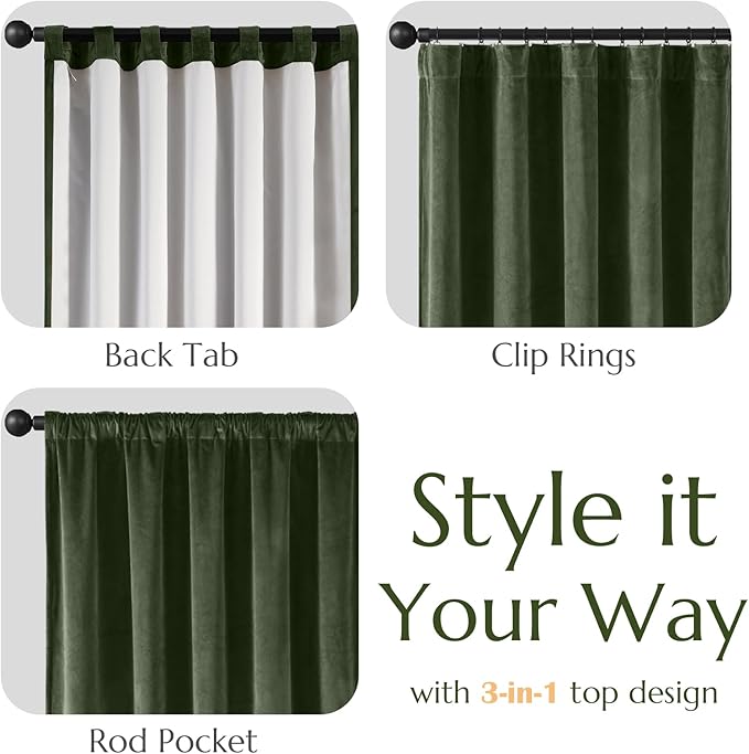 Lazzzy Velvet Green Curtains 108 Inches Long Black Out Thermal Insulated Room Darkening Curtain Drapes Luxury Back Tab Window Treatments for Bedroom Living Room 2 Panels, 52 x 108 Inch, Moss Green