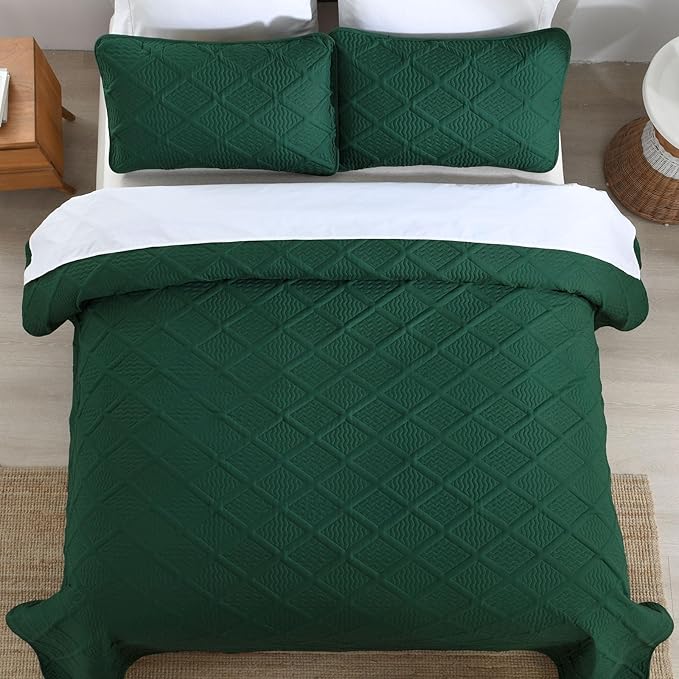 Yiran California King Quilt Set, Emerald Green Oversized Bedspread Bedding Set, Lightweight Diamond Pattern Soft Microfiber Modern Style Coverlet with 2 Pillow Shams 112x104 inch