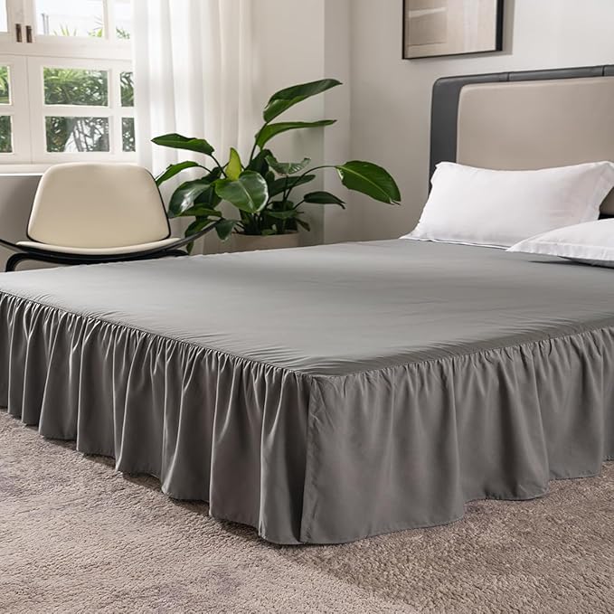 TSUTOMI Queen Size Grey Bed Skirt with Ruffles and Split Corners, 16 Inch Drop