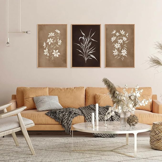 LHIUEM Large Vintage Neutral Botanical Framed Wall Art Set,Brown and Black Flower Wall Decor,Nature Wildflower Artwork,Rustic Plant Floral Art Prints for Living Room,Bedroom,Farmhouse - 16"x24"x3