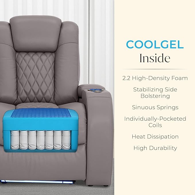 Seatcraft Diamante Zero-Gravity CoolZero Italian Leather Home Theater Seating, Power Headrest, Power Recline, Row of 5 Dual Loveseats, Gray