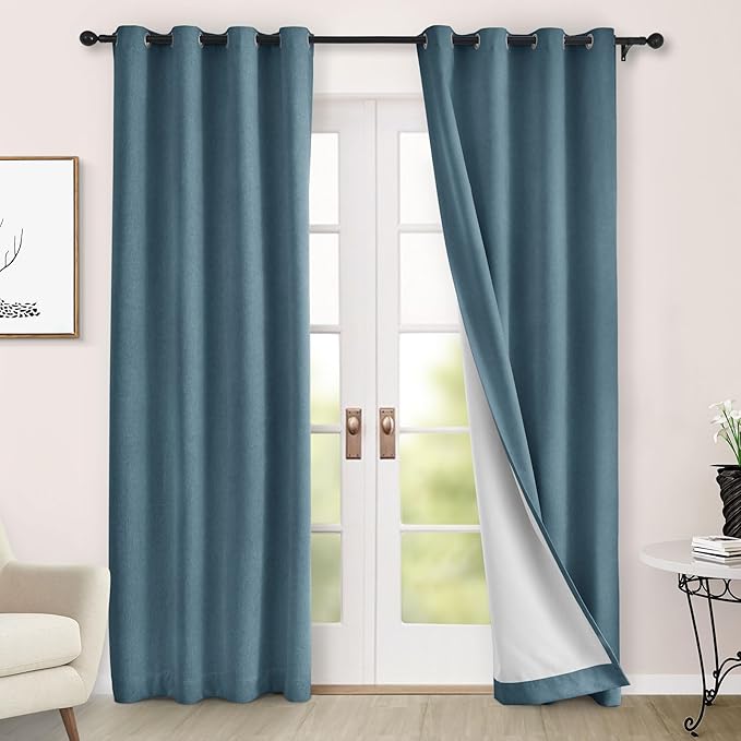 Macochico 100% Blackout Chenille Curtains Thermal Insulated Noise Reducing Velvet Draperies for Living Room Bedroom Hotel Teal Blue Blackout Curtains Grommet Top with Tieback 84" Wx84 L 1 Panel
