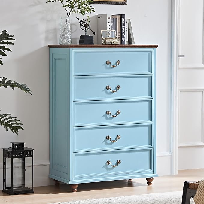 24" Wide Farmhouse Nightstand with Charging Station Set of 2, 45" Tall Rustic Chests of 5 Drawers w/ 4 Solid Wood Feet, Farmhouse Furniture Series for Living Room,Bedroom,LightBlue