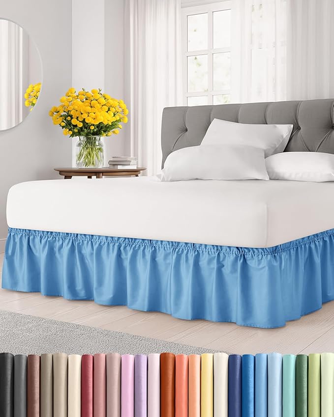 Wrap Around Dust Ruffle Bed Skirt - Denim Blue - for King Size Beds with 24 Inch Drop - Elastic Strap - Adjustable Pleated Bedskirt with Brushed Fabric and Wrinkle Free - for Women, Men, Kids & Teens