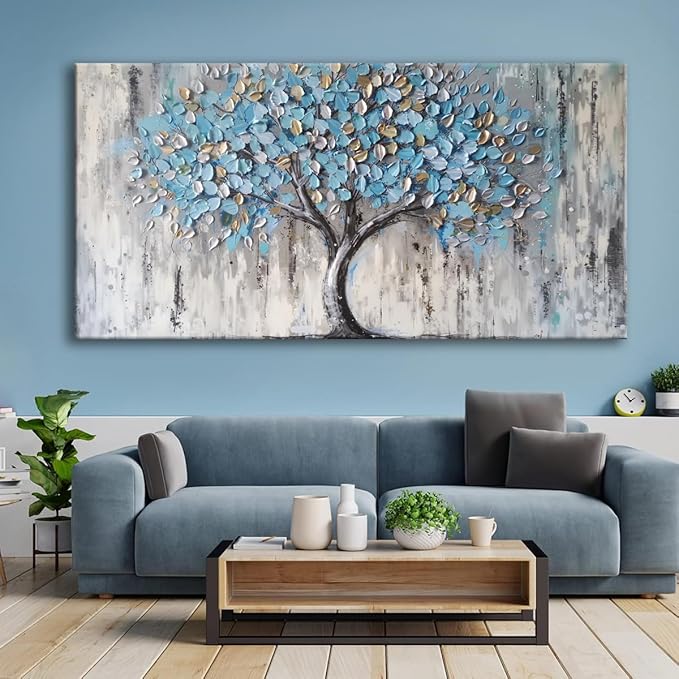 Huaaliunn Blue Tree Canvas Wall Art - Modern Botanical Paintings for Living Room, Bedroom Wall Decor,Art for Home or Office Decoration, Large Wall Art 71x36in