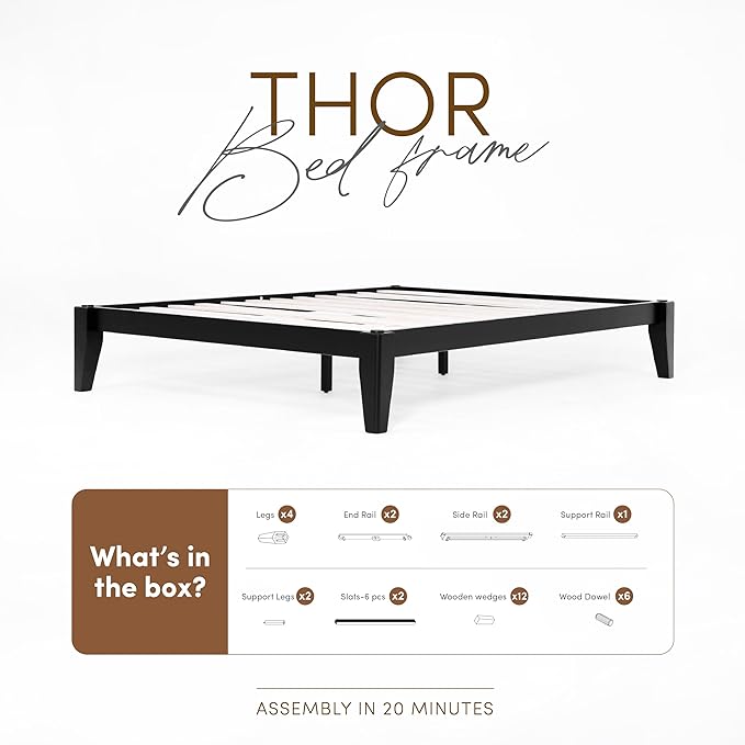 Thor Premium Solid Wood Bed Frame King, Platform Bed, Japanese Joinery Bed Frame, Wood Slat Support, No Box Spring Needed, Easy Assembly, Minimalist & Modern Style (Midnight Charcoal)