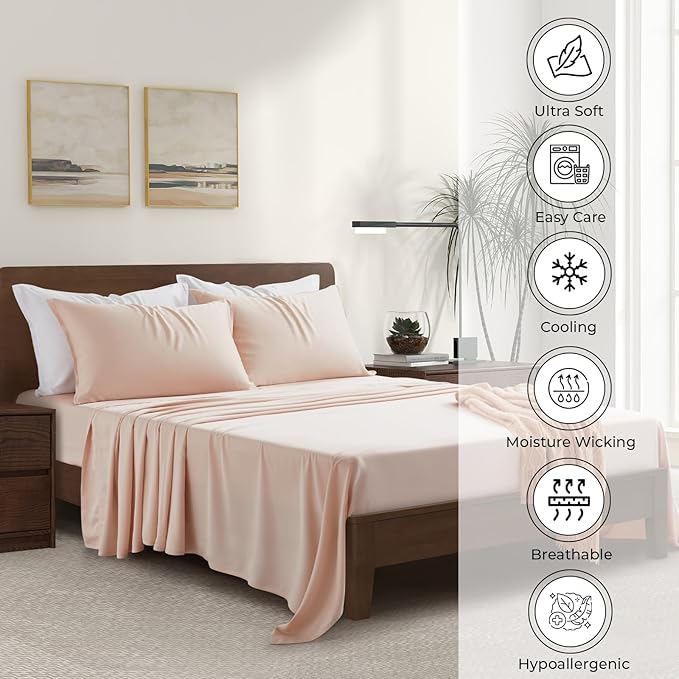 Luxury Bamboo Market | King Size Bed Sheet Set | 100% Viscose Made from Bamboo | Organically Grown | Ultra Soft | Cooling Sheets for Hot Sleepers | 17" Deep Pocket [Vintage Pink]