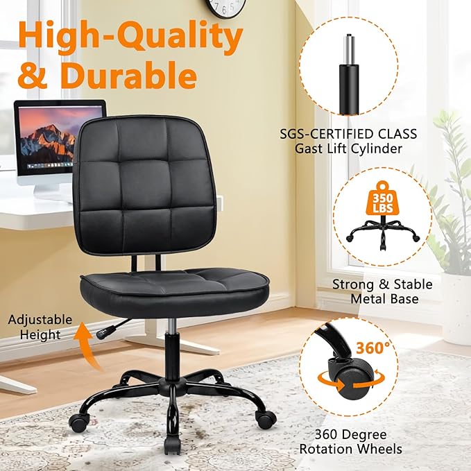 CLATINA Armless Home Office Chair with Lumbar Support and Wheels, Small PU Leather Ergonomic Low Back Desk Chairs No Arms, Adjustable Height 360° Swivel Rolling Computer Task Chair, Black, 4 Pack