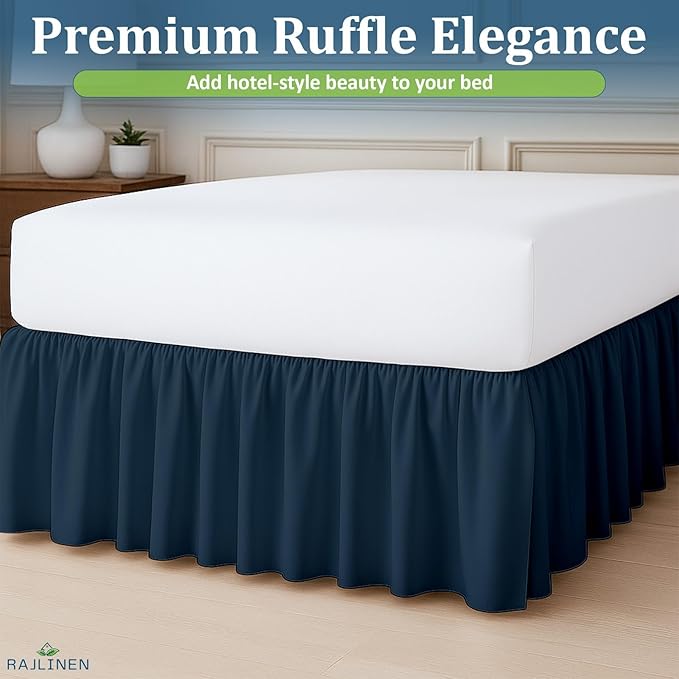 Rajlinen Ruffled Bed Skirt Queen, 12 Inch Drop Dust Ruffle with Split Corners, 100% Microfiber Bedskirt with Platform, Three-Sided Coverage Ruffled Gathering Design, Navy Blue