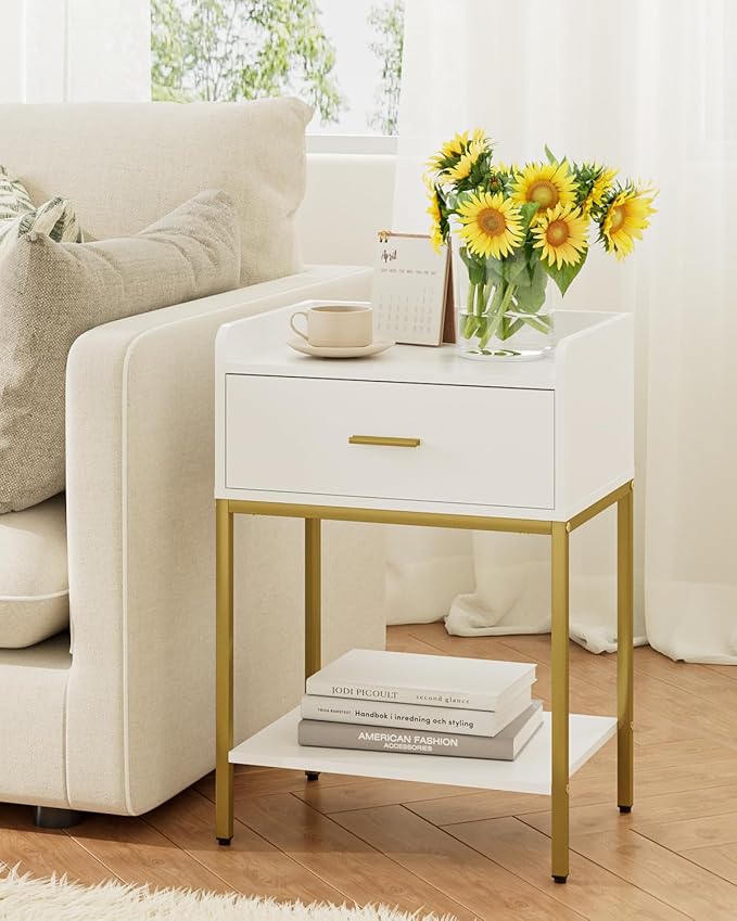 Masupu Nightstand,3-Tier Modern Bedside Night Stand with Storage Drawer and Shelf,Small End Side Table for Bedroom,Living Room,White (Without Outlet, White)