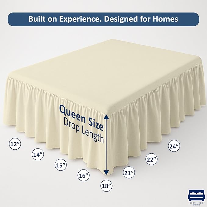 Ruffled Bed Skirt with Split Corners-Dust Ruffle - 18" Drop 100% Microfiber Soft,Sheen & Luxurious Look - Bed Skirts (Ivory -Queen)