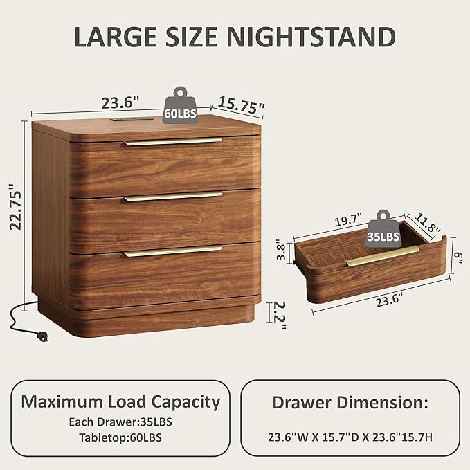 Nightstands Set of 2, Bedside Table with 3 Storage Drawers, 24" Tall Wood Night Stand with Charging Station, Modern Wide End Table Side Table W/Metal Handle Curved Profile for Bedroom