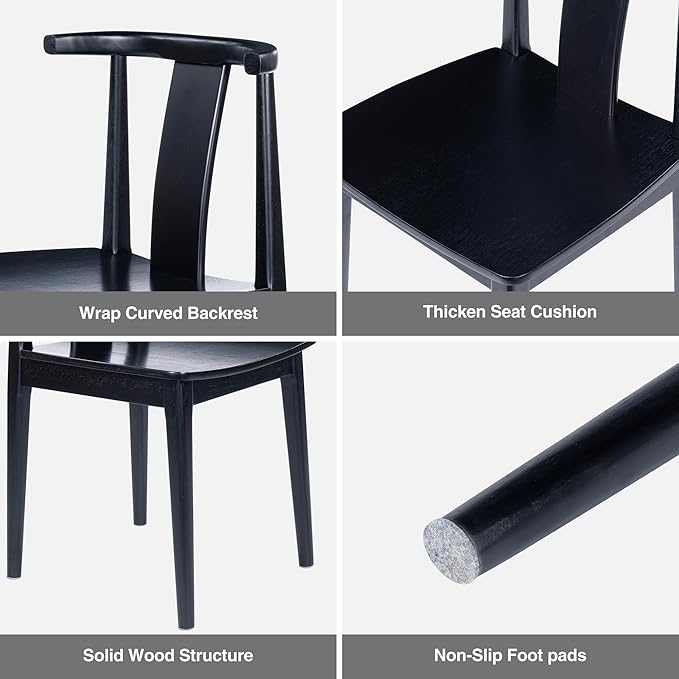 Wood Dining Room Chairs Set of 2, Mid Century Modern Kitchen Chairs Wishbone Chair with Curved Back Armless Accent Chair for Living Room Restaurant, Black