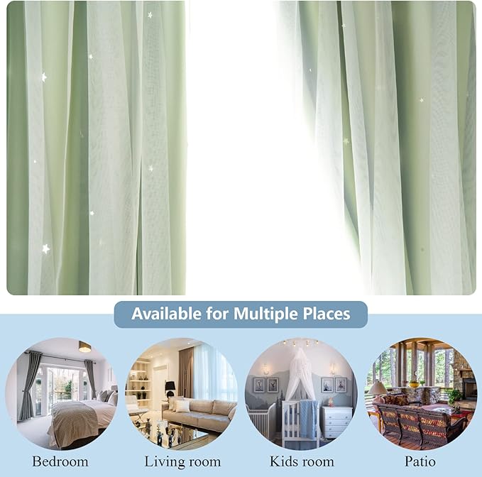 Stars Double Layer Blackout Curtains for Bedroom Kids, Cute Green Curtains 84 Inches Long, 2 Panels Set, 52 X 84 Inches