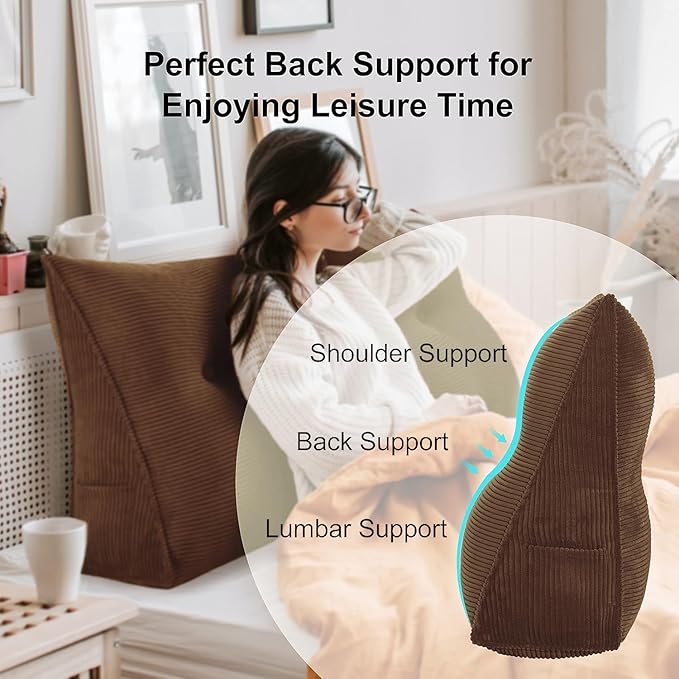 WOWMAX 100% Cotton Corduroy Headboard Pillow – Full Size Back Support Reading Wedge for Bed & Daybed, Plush Handmade Bolster Cushion with Removable Cover, Cozy Bed Rest Pillow, Coffee
