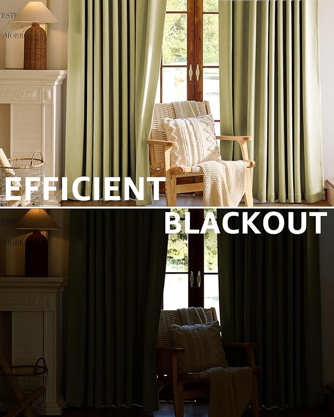 jinchan Chenille Blackout Curtains 108 Inches Long Sage Green Thermal Insulated Curtains for Living Room Bedroom 2 Panels Back Tab Window Curtains Triple Weave Noise Reducing Drapes 50x108 Inch