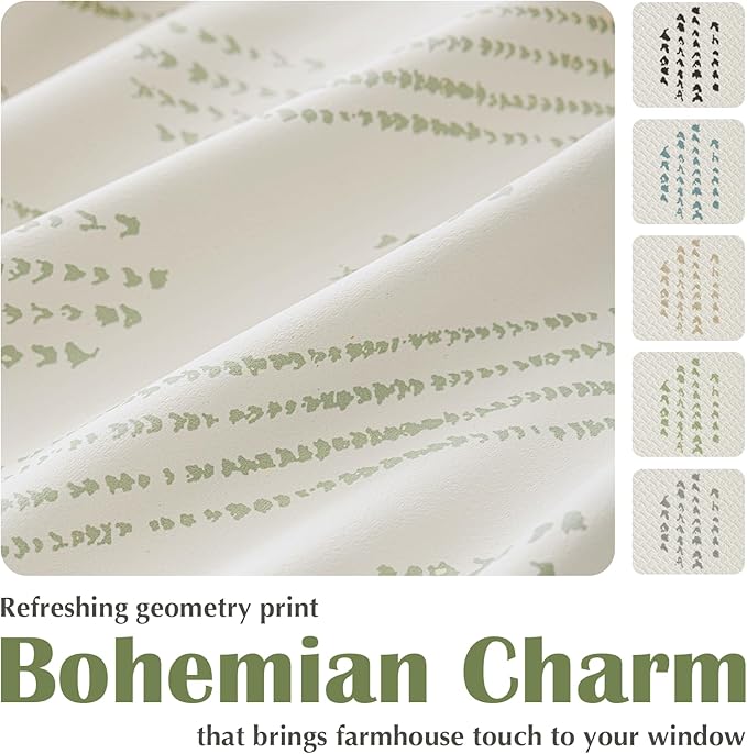 100% Boho Blackout Curtains 84 Inches Long for Bedroom, Green on Beige Patterned Bohemian Curtains for Living Room, Geometric Striped Thermal Insulated Window Drapes Gromment Top 2 Panels