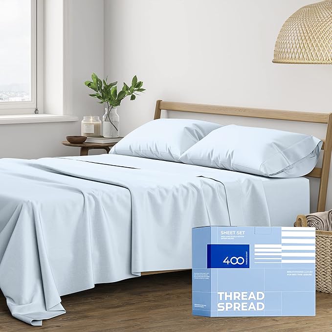 THREAD SPREAD California King Sheets - 400 Thread Count 100% Cotton, Cooling, Extra Soft, Deep Pocket Cal King Sheet Set (Light Blue)