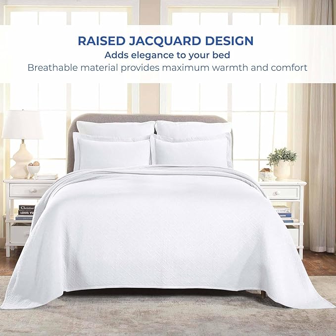 Superior 100% Cotton Basket Weave Bedspread with Shams, All-Season Premium Cotton Matelasse Jacquard Bedding, Quilted-Look Geometric Basket, Twin, White