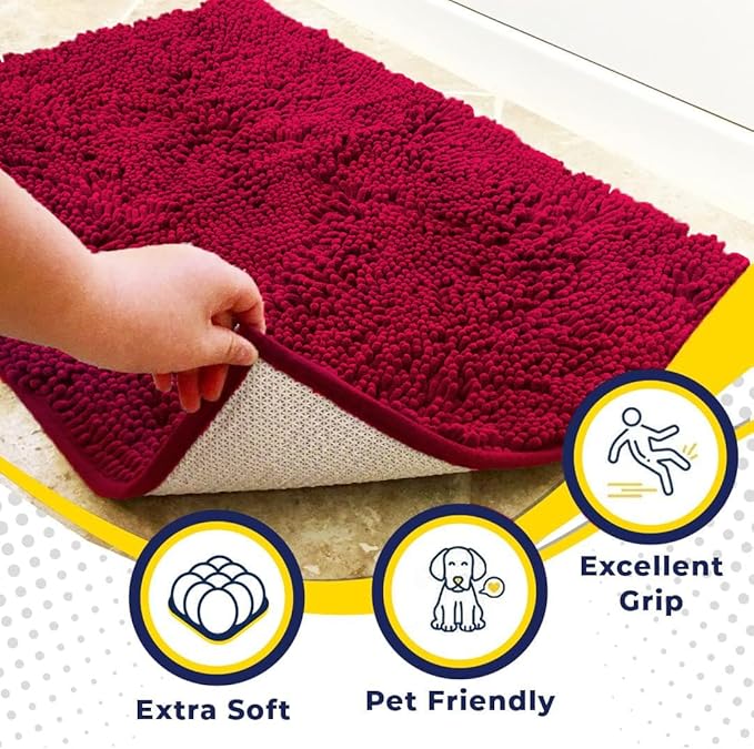 Muddy Mat® | Super Absorbent Door Mat Indoor, Microfiber Quick Dry Chenille Entryway Rug, Non-Slip Front Door Mat, Indoor Mats for Entryway, Machine Washable Pet Rug, Maroon 24" x 72"