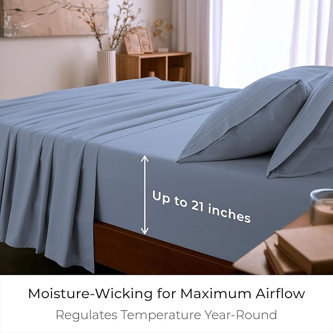 Mellanni Full Sheet Set - 6-Piece Iconic Collection Bedding, (Including 4 Pillowcases), 21-Inch Extra Deep Pocket, Easy Care, Ultra Soft, Cooling Sheets, Brushed Microfiber - Sky Blue
