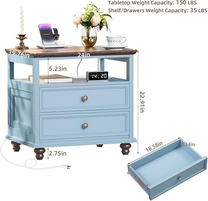 Farmhouse Nightstand Set of 2 with Charging Station, 24" Wide End Table with 2 Drawers, Dresser Cabinet for Bedroom,Bed Side Table Chest of Drawers,Light Blue Night Stand for Living Room
