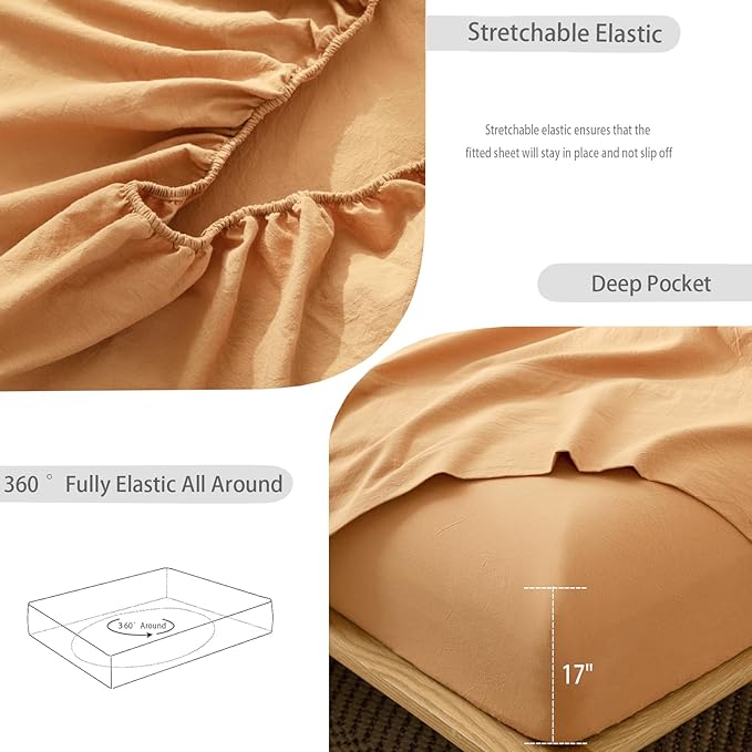 MooMee Fitted Bottom Sheet Only 100% Washed Cotton Linen Like Textured Breathable Durable Soft Comfy Deep Pocket Fits Mattress up to 17" (Burnt Orange, King)