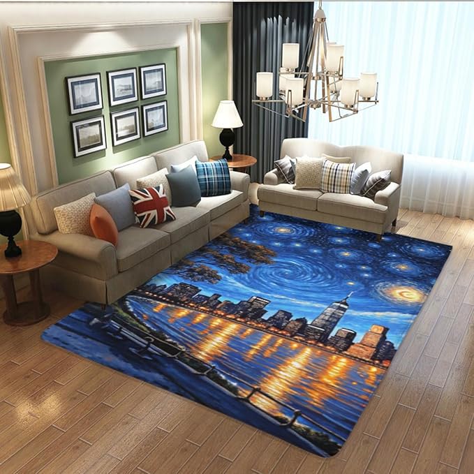 Machine Washable 5' x 7' Oil Painting-Style Area Rug, Bule Floor mat, Suitable for bedrooms, Girls' Room Bedside, Living Room, Dining Room, Office, Non-Slip Low-Pile Stars and Swirls Carpet